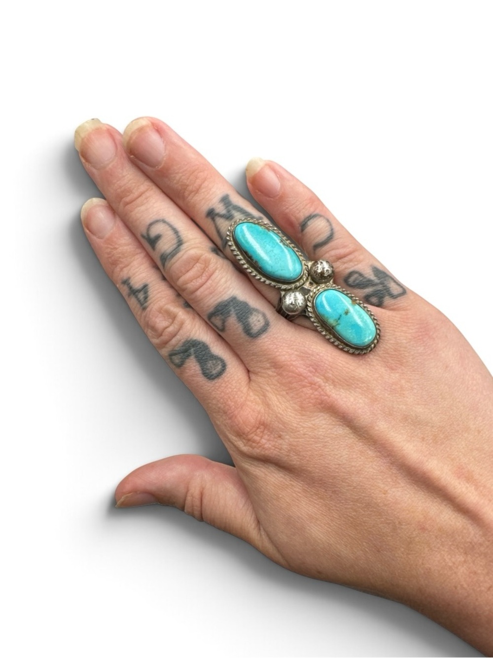 Vintage Navajo Sterling Royston Turquoise Double Stone Long Ring Size 7.25